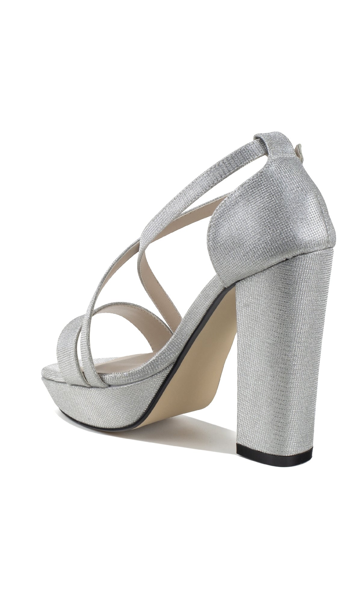 Chloe Silver Shimmer Prom Shoes: Touch Ups 4647—high-heeled sandals with a thick block heel, platform sole, and crisscross straps—perfect for prom, shown on a white background.